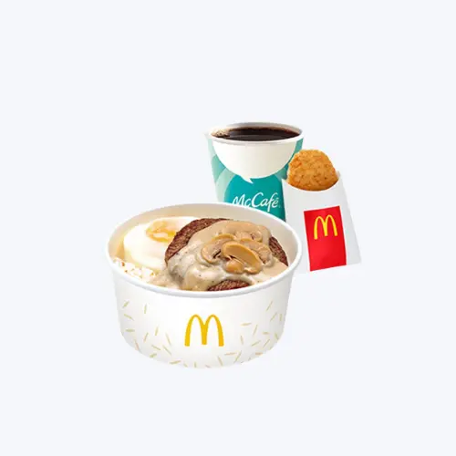 1 – pc. Mushroom pepper Steak with Garlic Rice, Egg, & Hash Brown Rice Bowl Meal   
