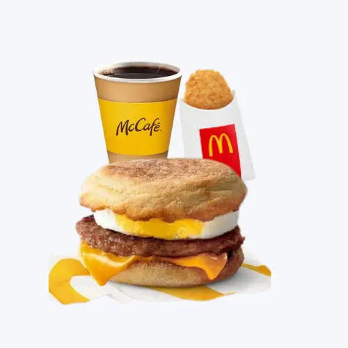 McDonald's breakfast menu Sausage McMuffin with Egg & Hash Brown Meal   